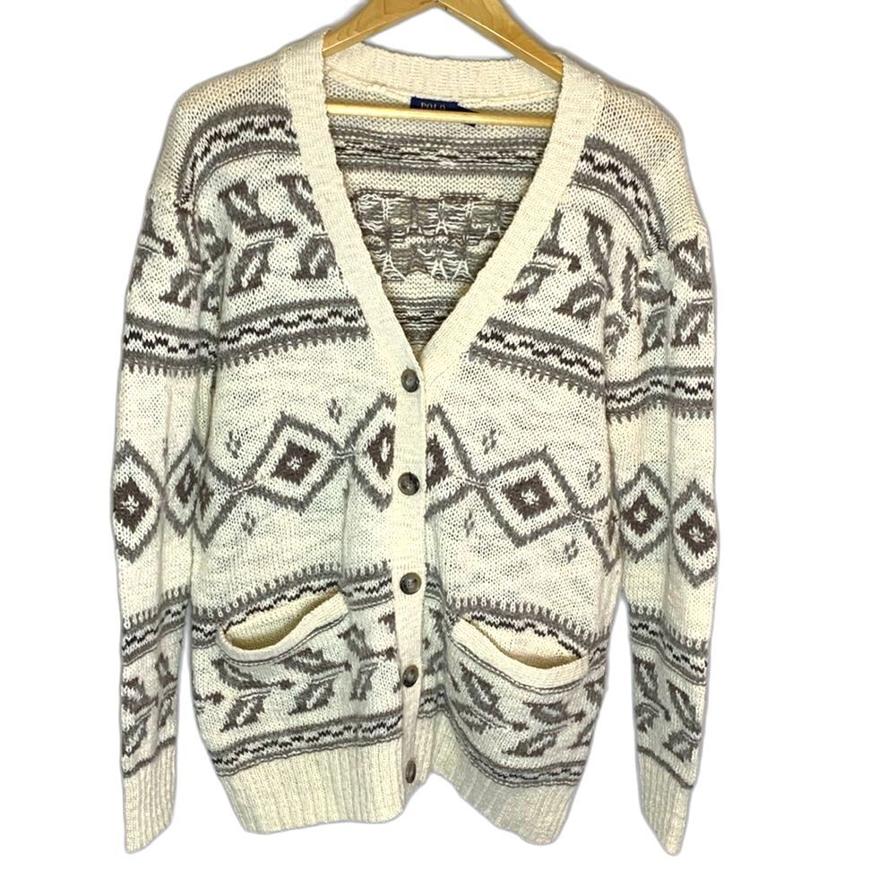 Polo Ralph Lauren Ivory Taupe Nordic Southwestern Wool V-Neck Cardigan Size L - Picture 3 of 14